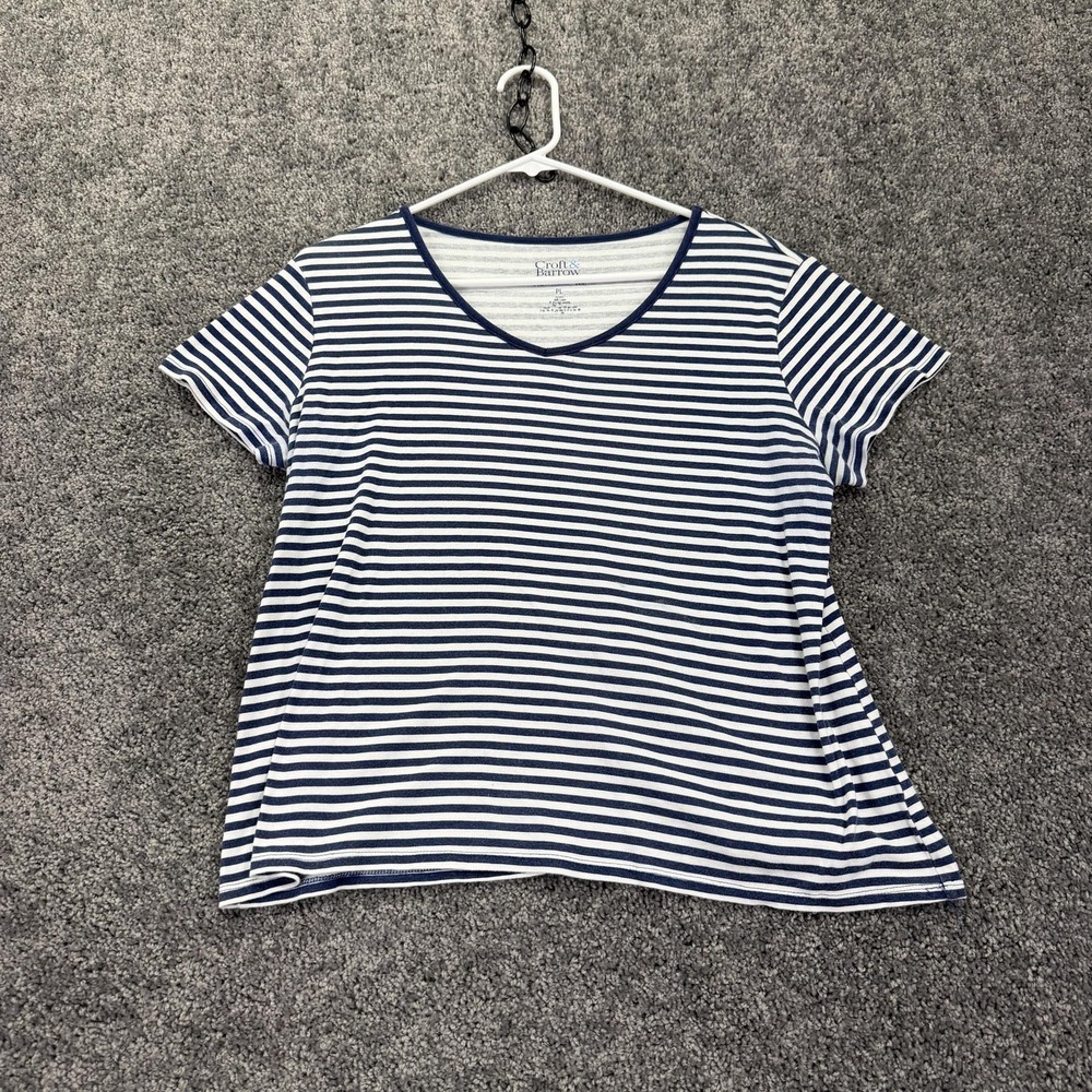 Croft & Barrow Shirt Womens PL Blue White Striped Short Sleeve V Neck Tee Casual